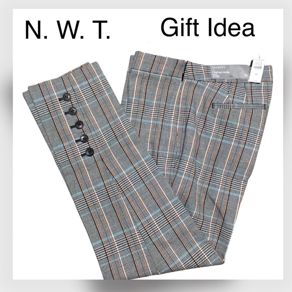 Chatham slim leg ankle length pants 8P Sits at waist Talbots plaid office NWT